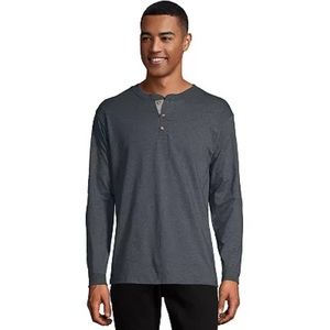 HANES Beefy Henley Slate Heather Gray Long Sleeve with brown buttons| size XL